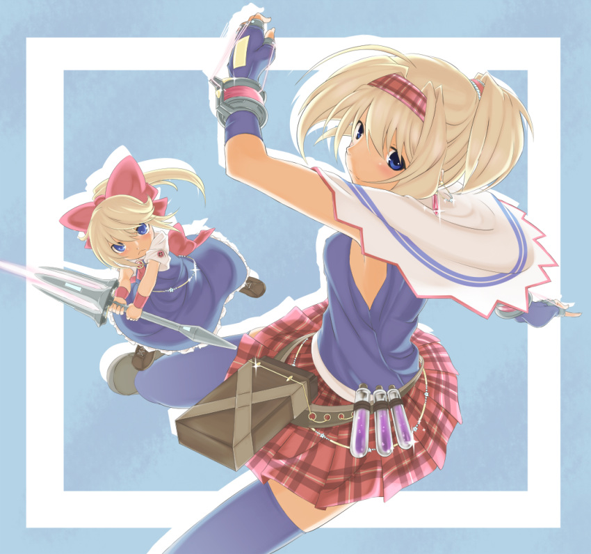 alice_margatroid, belt, blonde_hair, blue_eyes, blue_legwear, blue_thighhighs, capelet, fingerless_gloves, gloves, hairband, hayagiri, lance, multiple_girls, polearm, shanghai, shanghai_doll, short_hair, simple_background, skirt, sleeveless, string, thigh-highs, thighhighs, touhou, vial, weapon