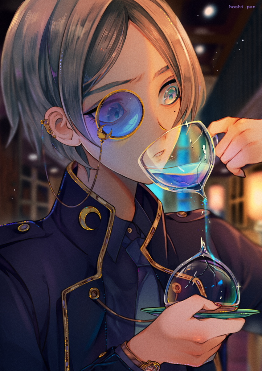 1boy, artist_name, blue-tinted_eyewear, blue_eyes, blue_jacket, blue_shirt, broken_hourglass, buttons