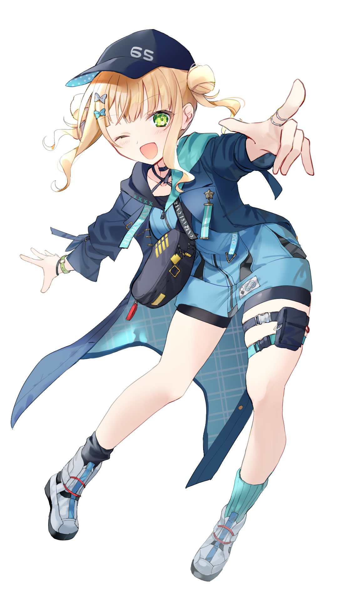 1girl, ;d, blonde_hair, blue_headwear, blue_jacket, double_bun, fanny_pack, green_eyes