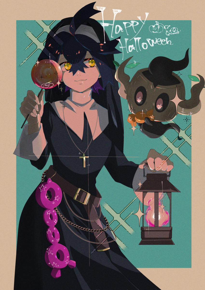 1boy, ahoge, alternate_costume, belt, black_dress, black_hair, brown_belt, candy_apple, candy_wrapper, closed_mouth, colored_inner_hair, commentary_request, cross, crossdressing, crossed_bangs, dress, fire, food, glint, hair_between_eyes, hairband, hand_up, happy_halloween, haruto1192, highres, holding, holding_lantern, kieran_(pokemon), lantern, male_focus, multicolored_hair, phantump, pokemon, pokemon_(creature), pokemon_(game), pokemon_sv, short_hair, smile, white_hairband, yellow_eyes