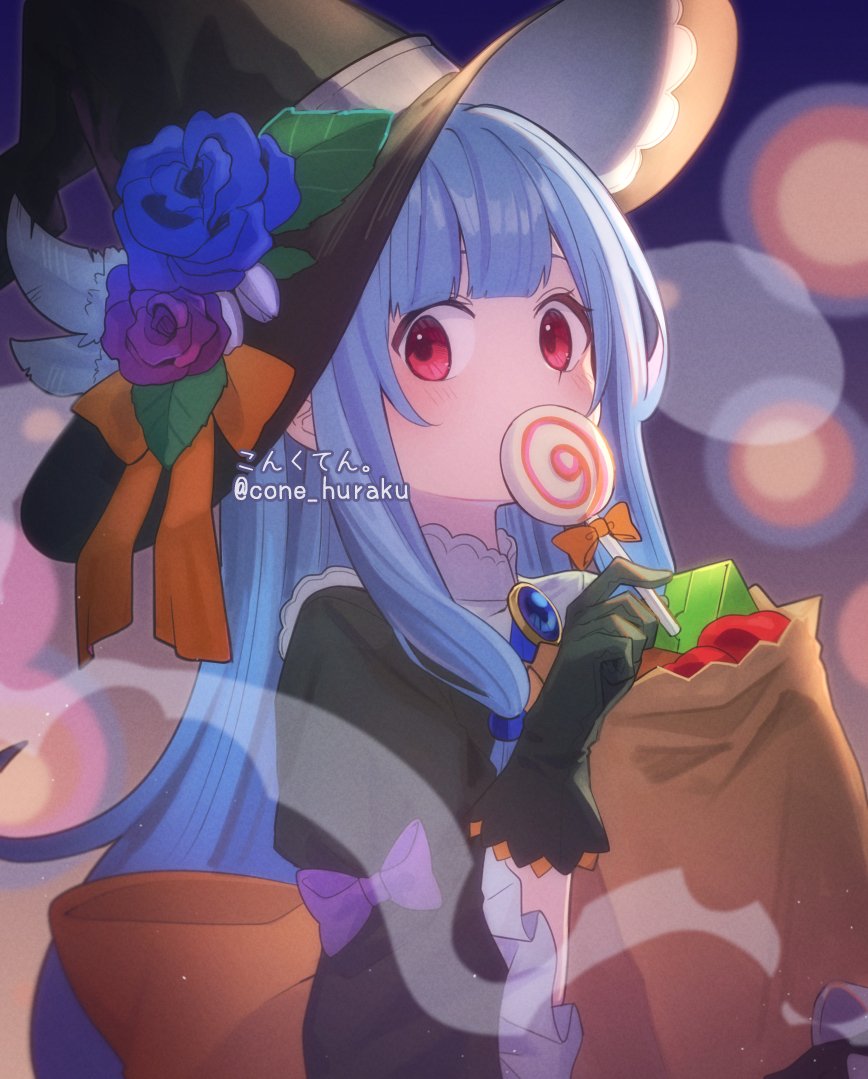 1girl, alternate_costume, artist_name, back_bow, bag, black_dress, black_gloves, black_headwear, blue_brooch, blue_flower, blue_hair, blurry, blush, bokeh, bow, candy, commentary_request, cone_huraku, covered_mouth, depth_of_field, dress, flower, food, gloves, halloween, halloween_costume, hat, hat_feather, hat_flower, hat_ribbon, holding, holding_bag, holding_candy, holding_food, holding_lollipop, juliet_sleeves, kotonoha_aoi, layered_gloves, lollipop, long_hair, long_sleeves, looking_at_viewer, looking_to_the_side, low_tied_sidelocks, orange_bow, orange_ribbon, paper_bag, puffy_sleeves, purple_flower, red_eyes, ribbon, sidelighting, sidelocks, solo, swirl_lollipop, twitter_username, upper_body, voiceroid, witch_hat