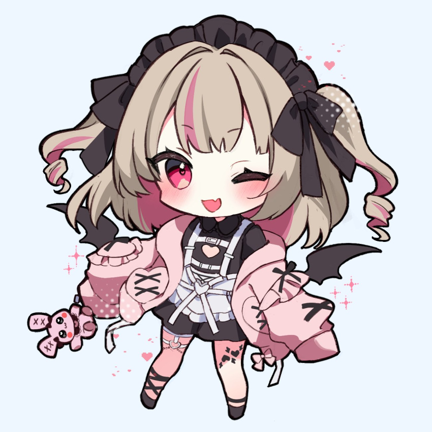 1girl, ;d, apron, black_dress, black_headdress, blonde_hair, blush, dress