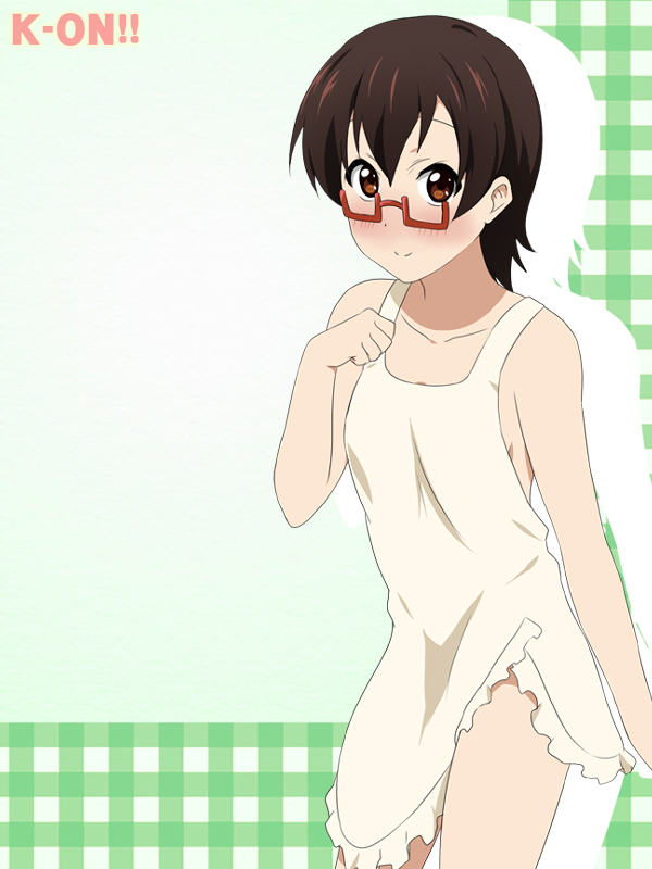 blush, brown_eyes, face, glasses, ikari_manatsu, k-on!, manabe_nodoka, naked_apron