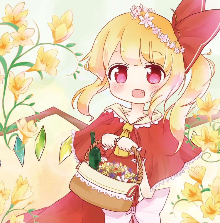 1girl, alternate_costume, ascot, basket, blonde_hair, blue_flower, blush, bouquet, bow, capelet, dress, fang, flandre_scarlet, flower, glass_bottle, hair_bow, happy, head_wreath, holding, holding_basket, large_bow, looking_at_viewer, medium_hair, multicolored_wings, no_headwear, one_side_up, open_mouth, red_bow, red_capelet, red_dress, red_eyes, red_flower, red_ribbon, ribbon, serra_(serarine), simple_background, smile, solo, touhou, white_bow, white_flower, wings, yellow_ascot, yellow_background, yellow_flower