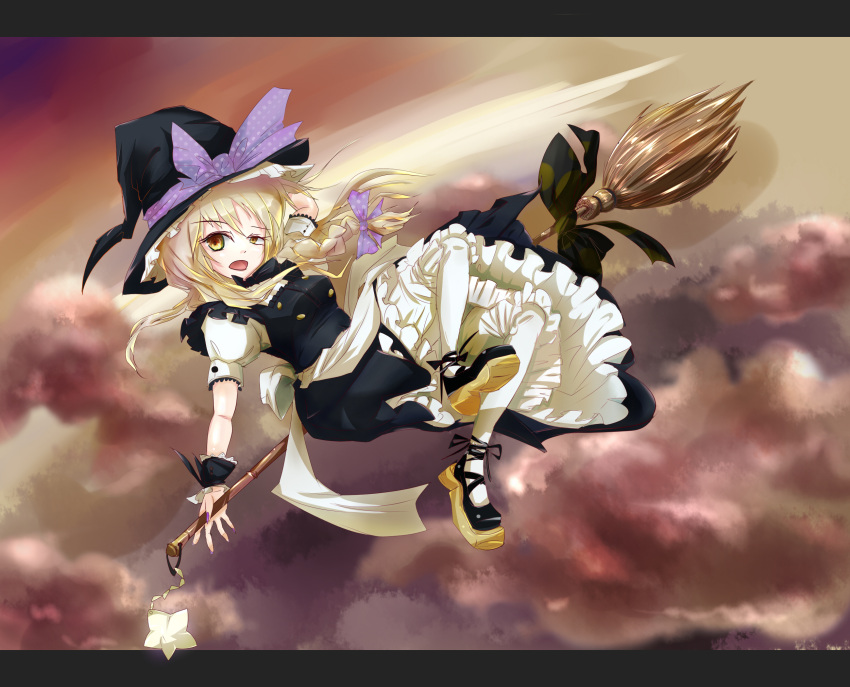 blonde_hair, braid, broom, cloud, hat, highres, keeki, kirisame_marisa