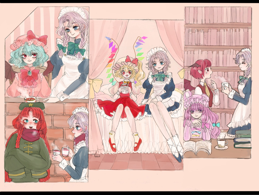 6+girls, apron, bat_wings, blonde_hair, blue_brooch, blue_eyes, blue_footwear, blue_hair