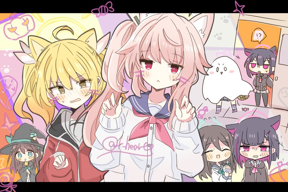 !?, 5girls, after-school_sweets_club_(blue_archive), ahoge, airi_(blue_archive), animal_ears, azukimame, black_hair, black_headwear, black_jacket, black_sailor_collar, blonde_hair, blue_archive, blush, buttons, cardigan, closed_eyes, colored_inner_hair, ghost_costume, green_eyes, green_halo, halloween, halloween_costume, halo, hat, jacket, kazusa_(blue_archive), long_hair, long_sleeves, multicolored_hair, multiple_girls, natsu_(blue_archive), neckerchief, open_mouth, pink_eyes, pink_hair, pink_halo, red_jacket, red_neckerchief, reisa_(blue_archive), sailor_collar, short_hair, side_ponytail, smile, twintails, twitter_username, white_cardigan, witch_hat, yellow_eyes, yellow_halo, yoshimi_(blue_archive)