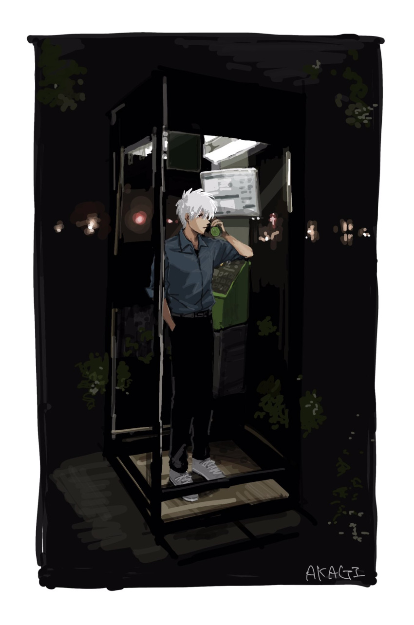 1boy, akagi:_yami_ni_oritatta_tensai, akagi_shigeru, black_pants, blue_shirt, border, character_name, city_lights, closed_mouth, collared_shirt, commentary_request, dress_shirt, expressionless, from_outside, fukumoto_mahjong, full_body, grey_footwear, hand_in_pocket, hand_up, highres, holding, holding_phone, looking_at_viewer, male_focus, night, orange_eyes, pants, phone, phone_booth, profile, sanbaizu_susuru, shirt, shoes, short_hair, sleeves_rolled_up, sneakers, solo, standing, talking_on_phone, white_border, white_hair