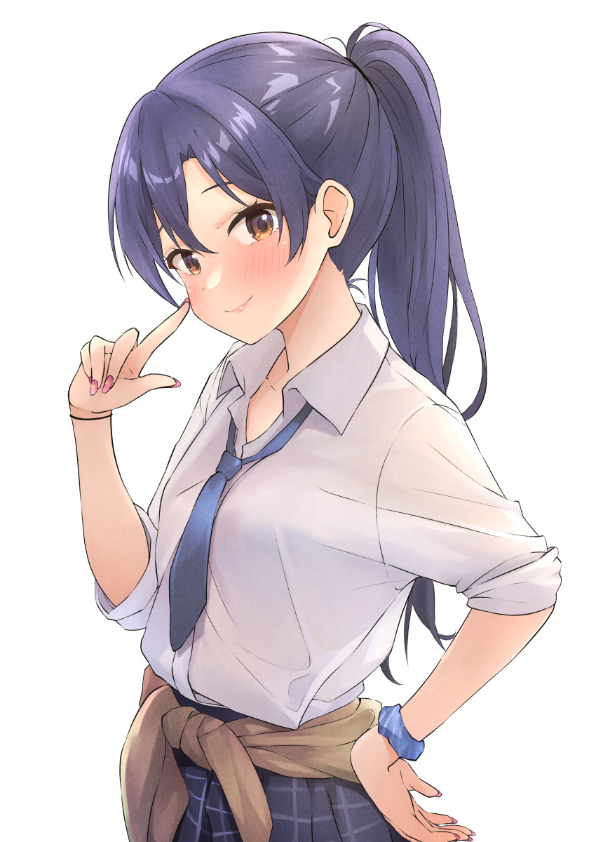 1girl, absurdres, alternate_costume, b1ack_illust, blue_hair, blue_necktie, blush, brown_cardigan