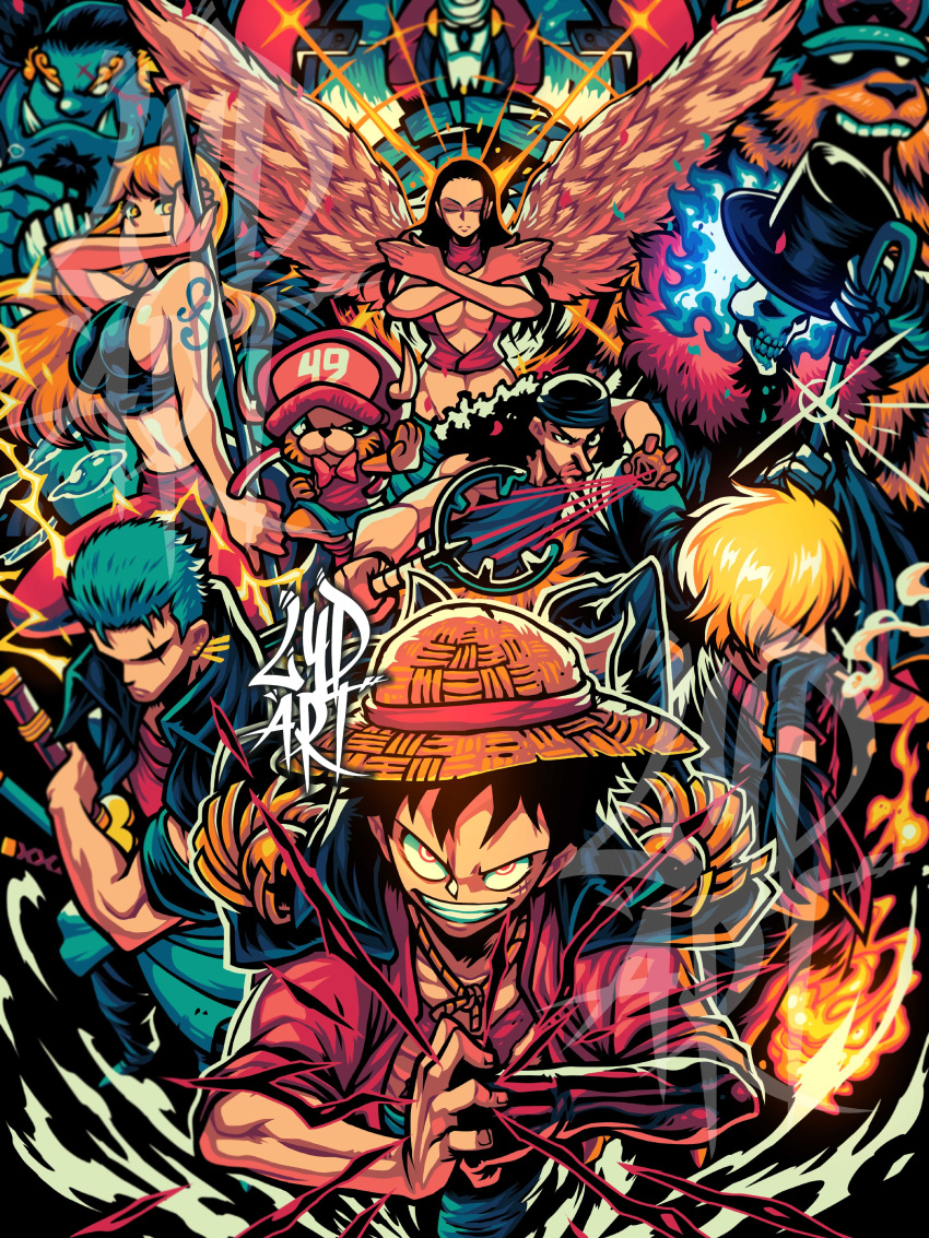 absurdres, brook_(one_piece), franky_(one_piece), highres, jinbe_(one_piece), lydart_mclo, monkey_d._luffy, nami_(one_piece)
