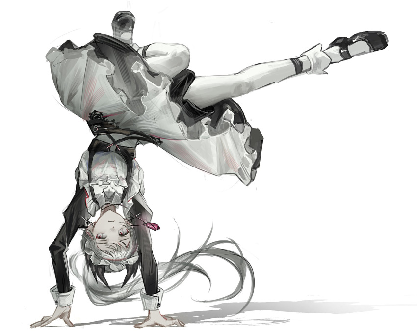 1girl, apron, arknights, black_dress, dress, grey_eyes, grey_hair, highres