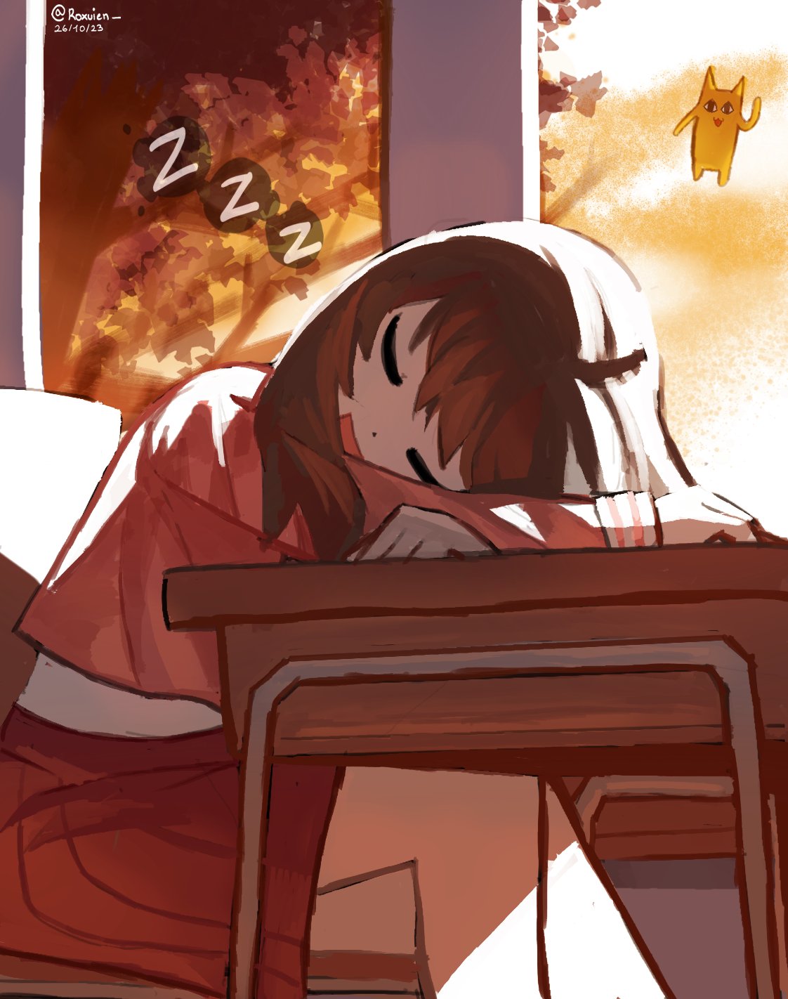 1girl, :d, arm_pillow, artist_name, azumanga_daioh, azumanga_daioh's_school_uniform, brown_hair, chair, closed_eyes, commentary, dated, desk, dusk, english_commentary, hair_over_shoulder, head_down, highres, indoors, kasuga_ayumu, long_hair, long_sleeves, mihama_chiyo's_father, open_mouth, pink_serafuku, pink_shirt, pink_skirt, pleated_skirt, roxuien, school_chair, school_desk, school_uniform, serafuku, shirt, signature, sitting, skirt, sleeping, sleeping_on_desk, smile, snoring, solo, sunset, tree, twitter_username, white_undershirt, window, winter_uniform