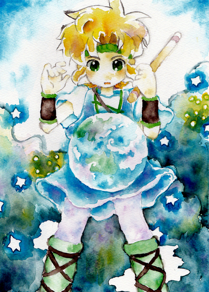 1boy, bandana, blonde_hair, clouds, earth_(planet), flute, gaia_gensouki, green_eyes, highres, hirones, instrument, painting_(medium), planet, solo, star_(symbol), strap, tem_(gaia_gensouki), traditional_media, watercolor_(medium)