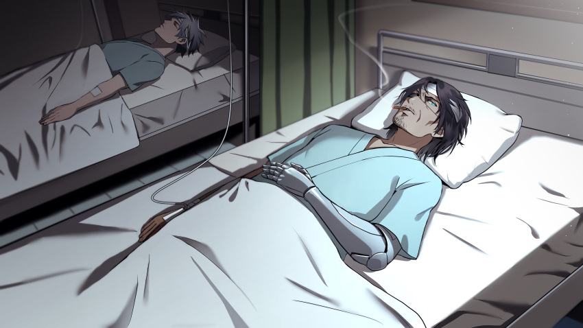 2016, 2024, 2boys, 364ing01, absurdres, bandaged_head, bandages, bed, black_hair, blue_eyes, cigar, commission, eyepatch, facial_hair, highres, hospital, hospital_bed, hospital_gown, mechanical_arms, multiple_boys, original, single_mechanical_arm, skeb_commission, smoking, wrinkled_skin