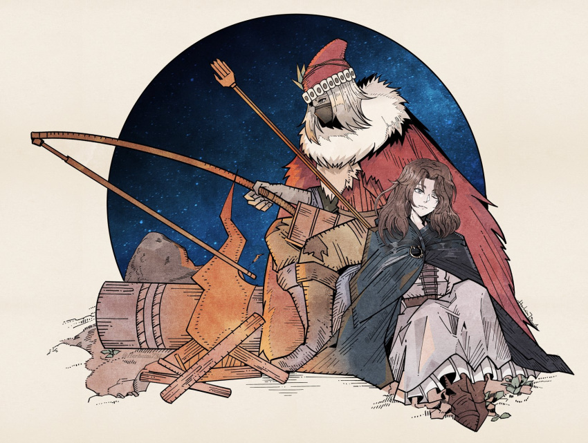 1boy, 1girl, black_cape, bonfire, boots, brown_footwear, brown_hair, cape