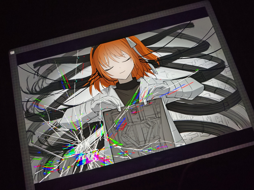 a.i._voice, absurdres, adachi_rei, android, black_shirt, cable, cangshu_zhezhezi, check_medium