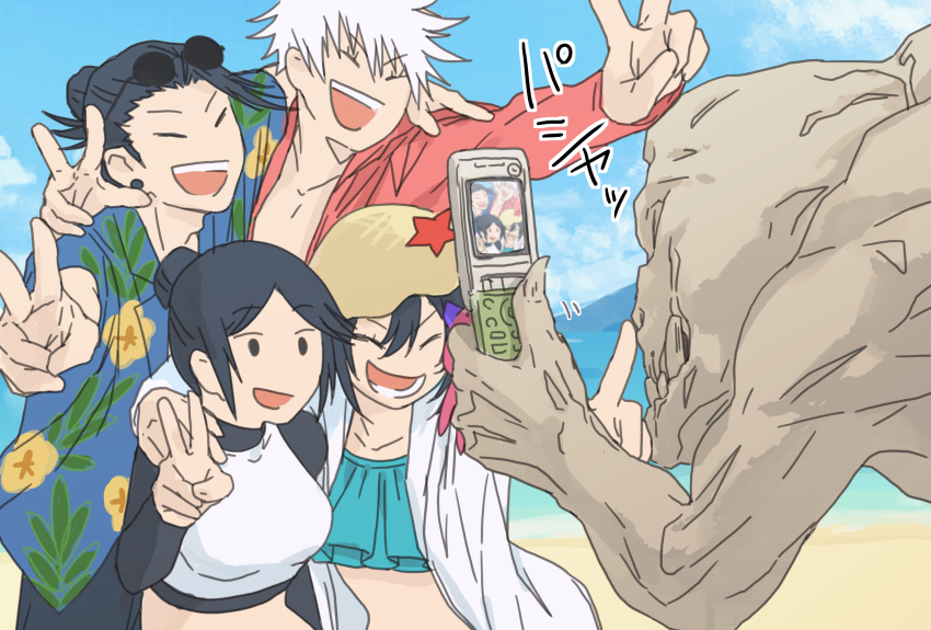 2boys, 2girls, amanai_riko, arm_up, bikini, black_hair, blue_bikini, blue_shirt, brown_headwear, cellphone, closed_eyes, day, dogu_chan, ear_piercing, eyewear_on_head, flip_phone, getou_suguru, gojou_satoru, hair_bun, hair_pulled_back, hand_up, hands_up, hat, hawaiian_shirt, highres, holding, holding_phone, jacket, jujutsu_kaisen, kuroi_misato, long_sleeves, monster, multiple_boys, multiple_girls, open_mouth, outdoors, phone, piercing, red_jacket, round_eyewear, shirt, short_hair, smile, sunglasses, swimsuit, taking_picture, v, white_hair, white_jacket, white_shirt