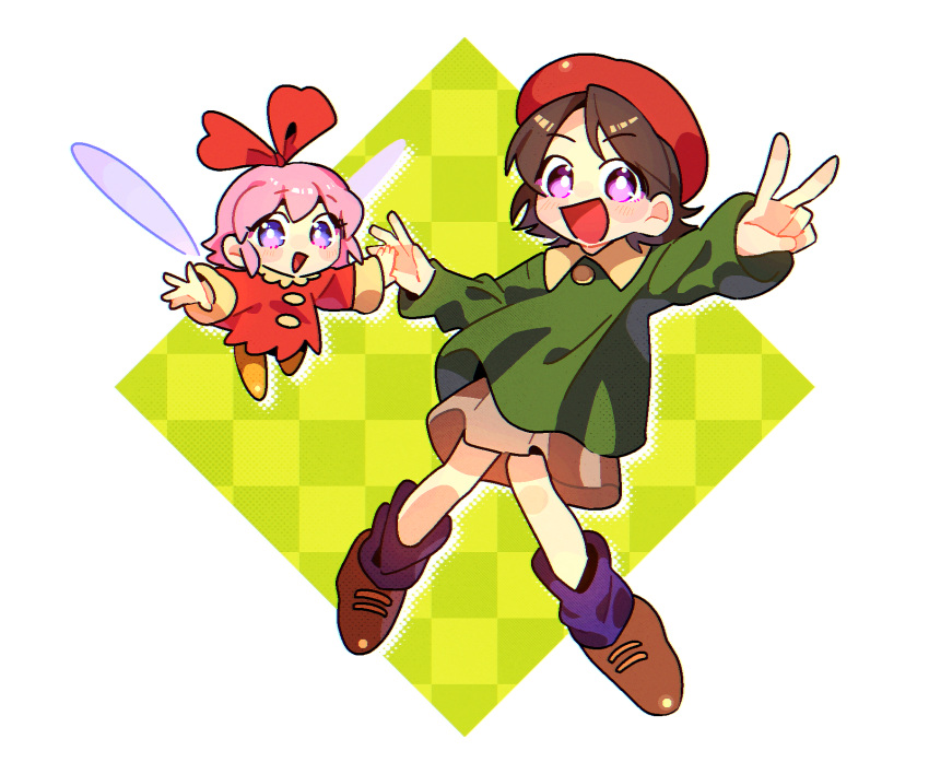 0tamt0, 2girls, adeleine, beret, brown_skirt, drop_shadow, fairy, fairy_wings