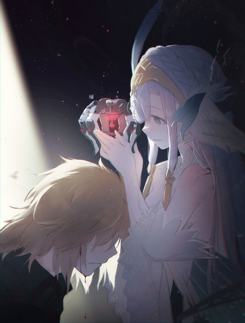 1boy, 1girl, bleeding, blonde_hair, blood, braid, empty_eyes, highres