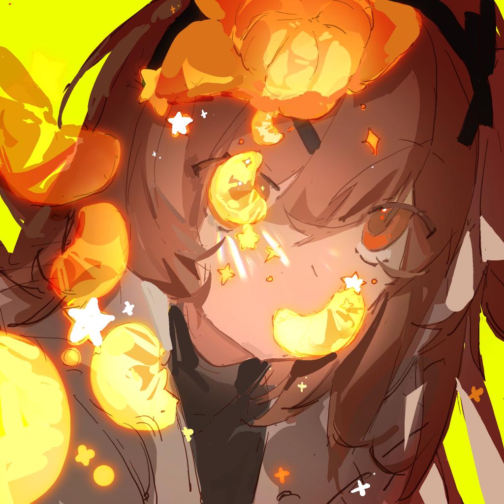 1girl, a.i._voice, adachi_rei, alternate_hair_color, black_shirt, brown_hair, commentary, covered_mouth, dutch_angle, food, food_on_head, from_above, fruit, fruit_on_head, glowing_food, jacket, kouden_souko, long_hair, looking_at_viewer, looking_up, object_on_head, one_eye_covered, open_clothes, open_jacket, orange_(fruit), orange_eyes, orange_peel, orange_slice, portrait, shirt, simple_background, solo, sparkle, star_(symbol), turtleneck, utau, white_jacket, yellow_background