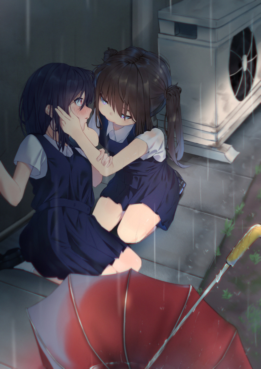 2girls, 3_tree, absurdres, air_conditioner, black_footwear, blue_hair, blush, brown_hair, commentary, dark_blue_hair, dress, hand_on_another's_arm, hands_on_another's_face, highres, imminent_kiss, long_hair, looking_at_another, multiple_girls, original, pinafore_dress, rain, red_eyes, red_umbrella, school_uniform, short_hair, sidelocks, sleeveless, sleeveless_dress, socks, summer_uniform, twintails, umbrella, violet_eyes, white_socks, yuri