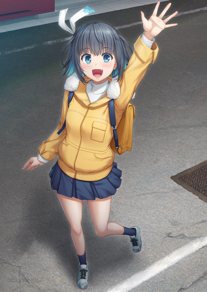 16bit_sensation, 1girl, akisato_konoha, ankle_socks, aqua_hair, arm_up, blue_footwear, blue_skirt