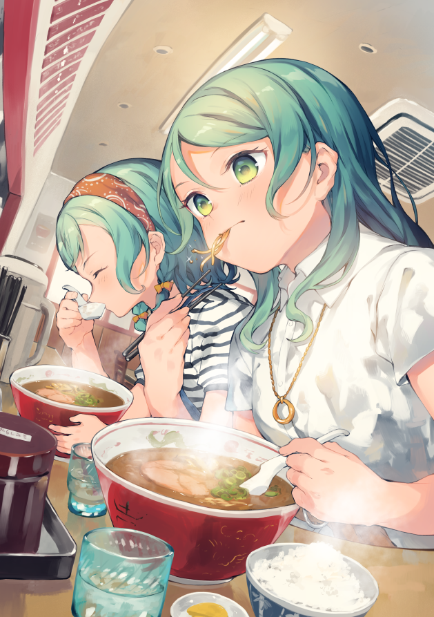 2girls, aqua_hair, bang_dream!, blue_overalls, bow, bowl, braid, brown_headband