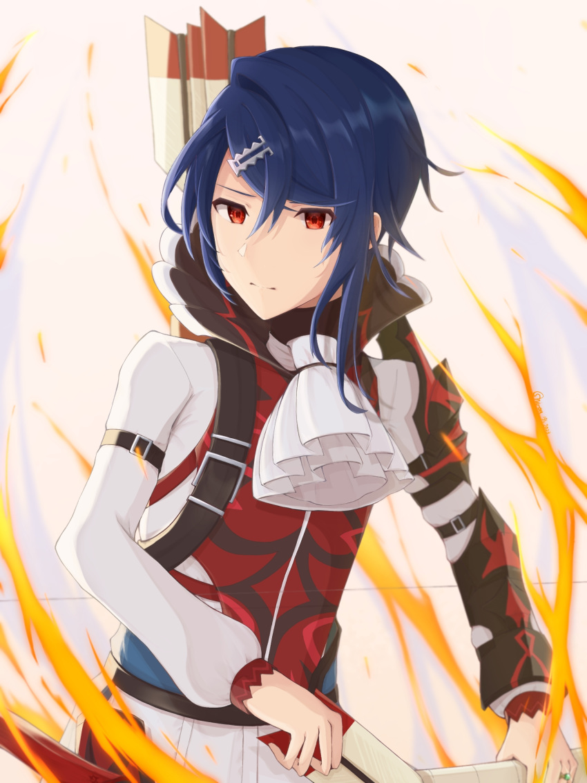 1boy, alcryst_(fire_emblem), arrow_(projectile), ascot, asymmetrical_hair, blue_hair, closed_mouth, fire_emblem, fire_emblem_engage, hair_between_eyes, hair_ornament, hairclip, highres, holding, holding_weapon, long_sleeves, looking_at_viewer, red_eyes, short_hair, solo, upper_body, user_njvu2422, weapon, white_ascot