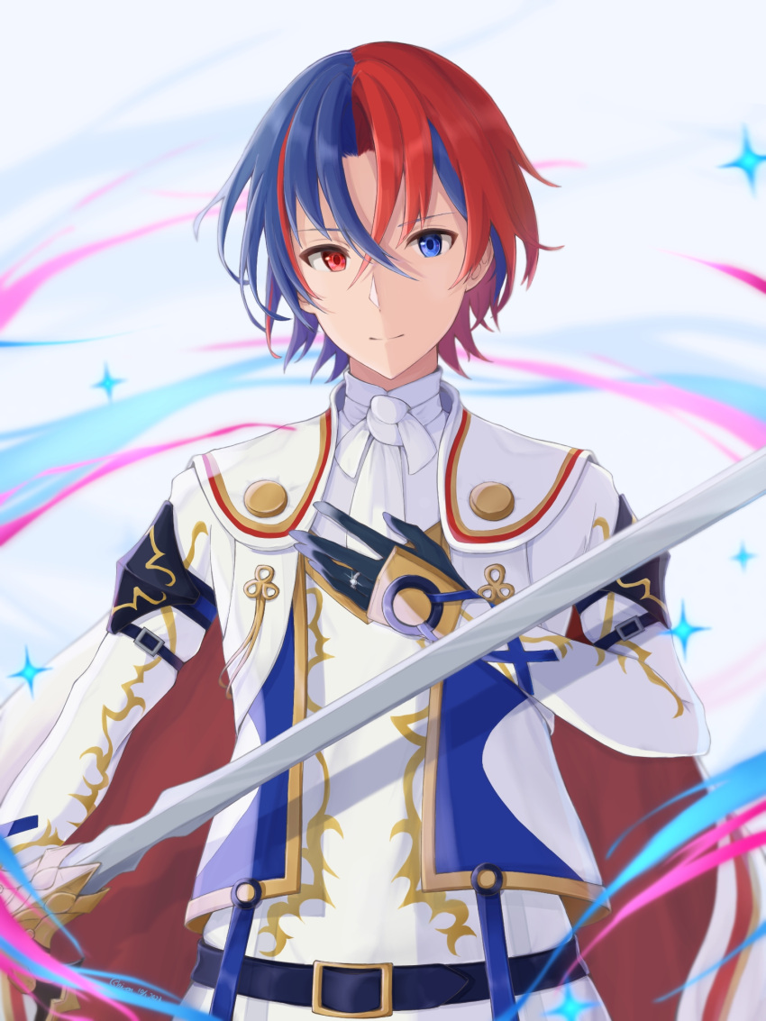1boy, alear_(fire_emblem), alear_(male)_(fire_emblem), belt, black_gloves, blue_eyes, blue_hair, buckle, cape, closed_mouth, crossed_bangs, fire_emblem, fire_emblem_engage, gloves, hair_between_eyes, highres, holding, holding_sword, holding_weapon, long_sleeves, looking_at_viewer, multicolored_hair, red_eyes, redhead, short_hair, solo, split-color_hair, sword, two-tone_hair, user_njvu2422, weapon, white_background