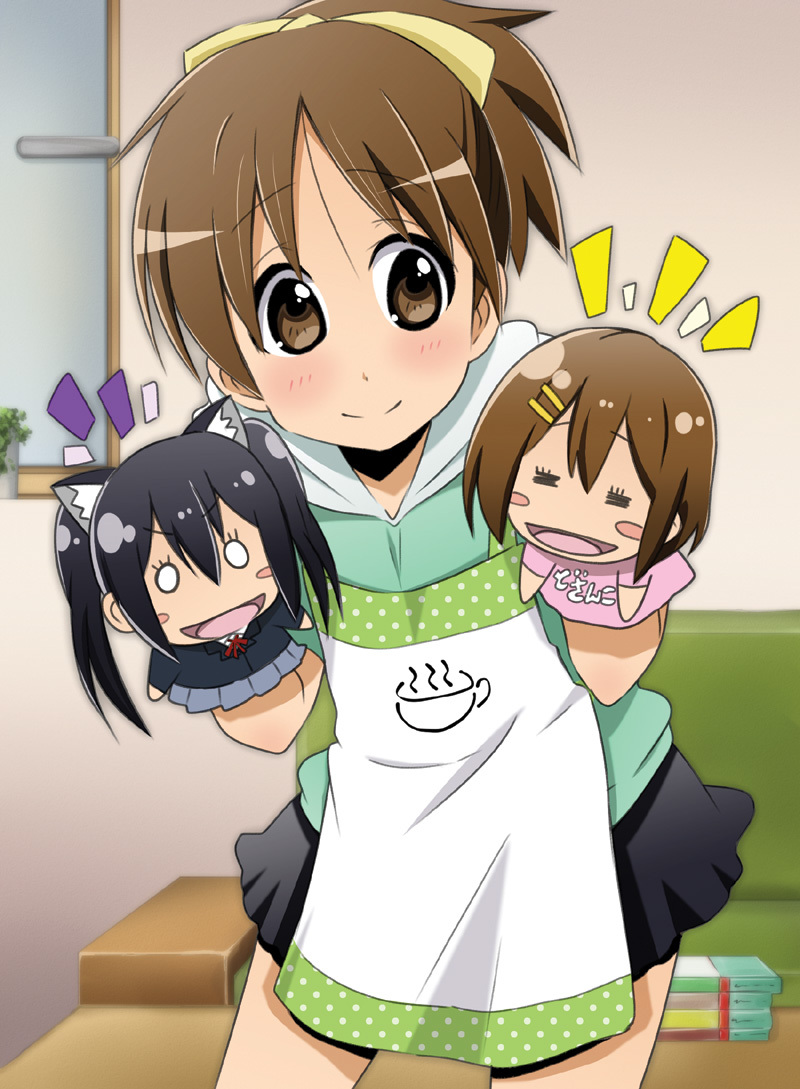 brown_eyes, brown_hair, hand_puppet, hirasawa_ui, hirasawa_yui, k-on!, nakano_azusa, nukunuku