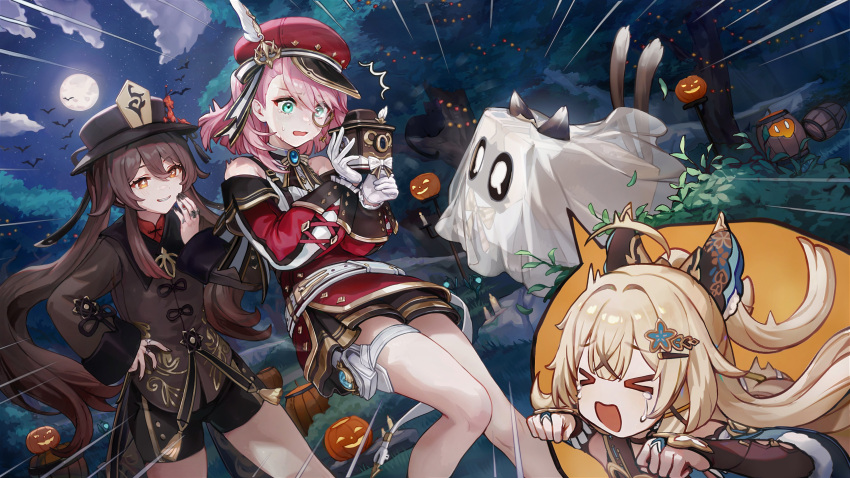 >_<, 3girls, absurdres, belt, bibimbub, black_headwear, black_nails, black_shorts