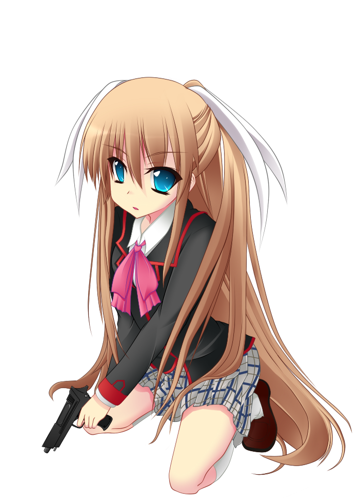 blonde_hair, blue_eyes, gun, kurose_kanata, little_busters!!, long_hair, plaid_skirt, school_uniform, skirt, tartan, tokido_saya, twintails, weapon