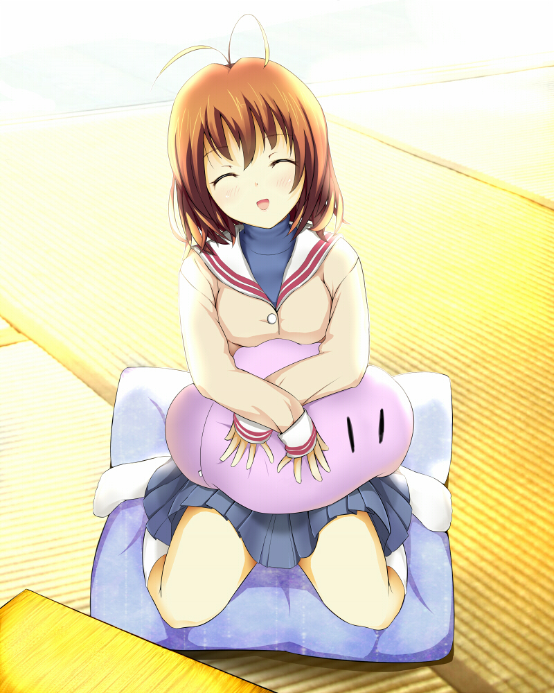 clannad, closed_eyes, cushion, dango_daikazoku, furukawa_nagisa, raivu, school_uniform, short_hair