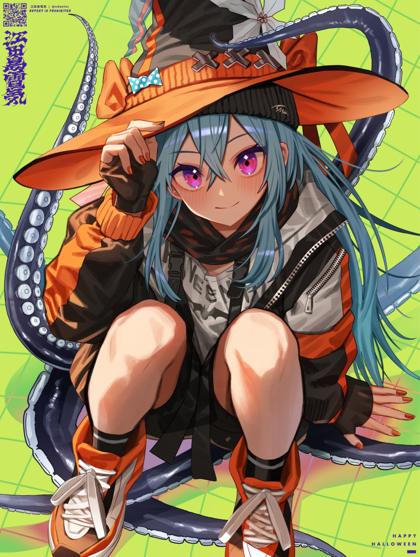 1girl, black_socks, blue_hair, diamond-shaped_pupils, diamond_(shape), edajima_denki, halloween, happy_halloween