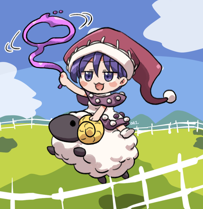 1girl, :3, :d, arm_up, blue_eyes, blue_hair, blush_stickers, capelet