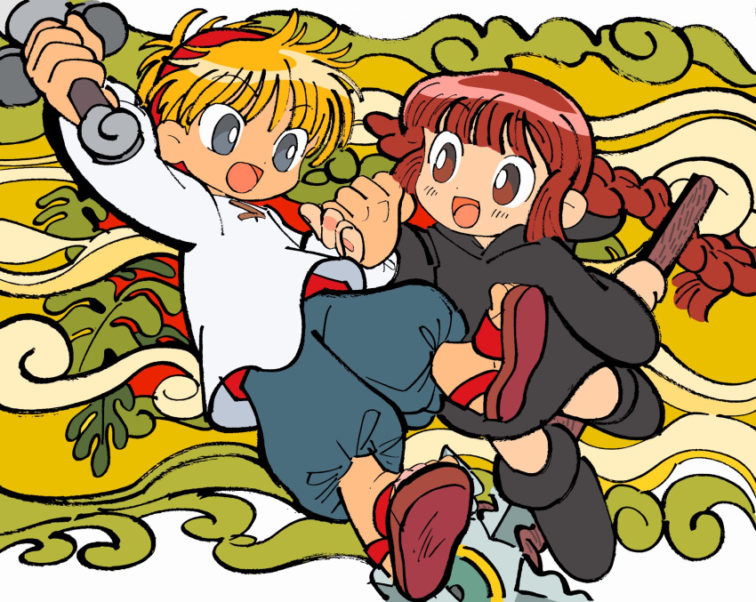 1boy, 1girl, :d, arm_up, black_footwear, black_robe, blonde_hair, blue_pants