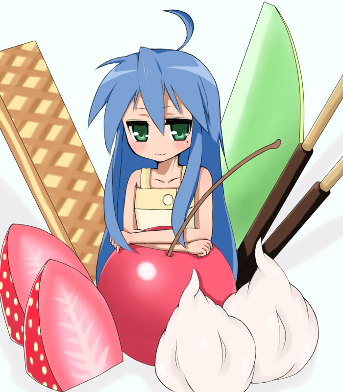 ahoge, aoi2410, blue_hair, cherry, collarbone, food, fruit, girl_in_food, green_eyes, in_food, izumi_konata, long_hair, lucky_star, melon, minigirl, mole, pocky, simple_background, strawberry, very_long_hair, waffle, whipped_cream