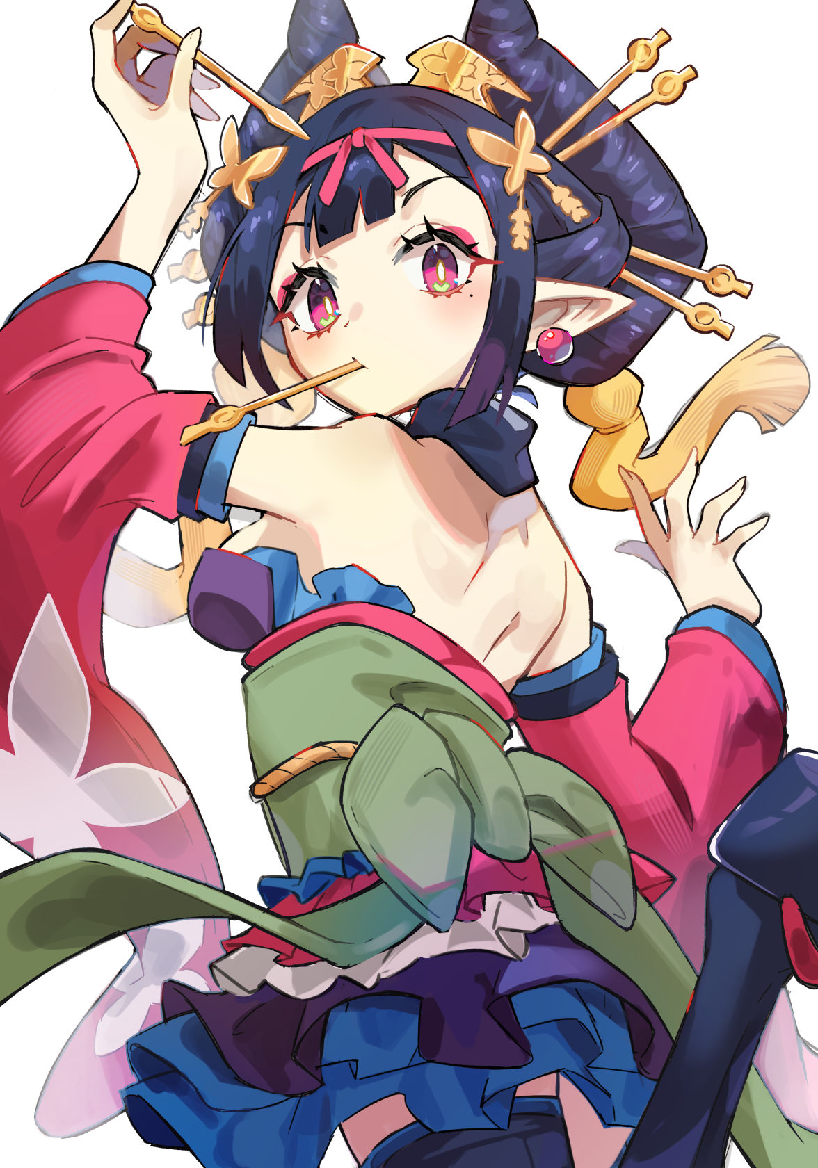 1girl, bare_shoulders, black_hair, demon, detached_sleeves, disgaea, earrings, geisha