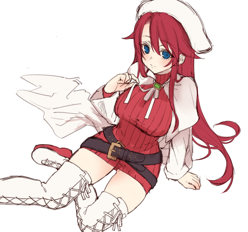 1girl, aty_(summon_night), belt, blue_eyes, boots, breasts, capelet, closed_mouth