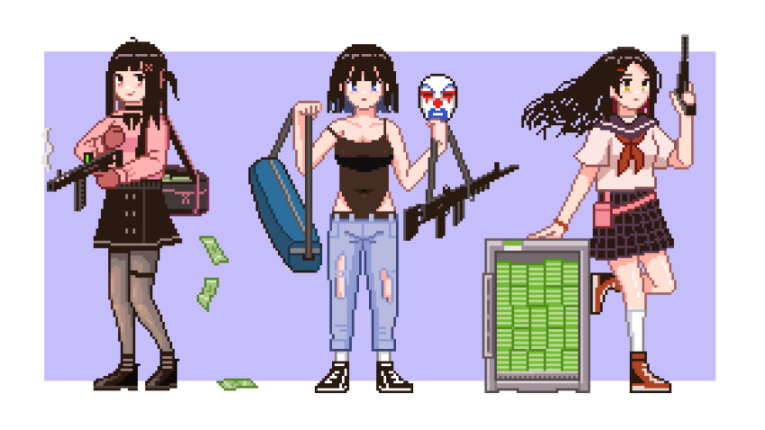 1girl, 3girls, aiming_up, assault_rifle, bag, banknote, belt, belt_pouch