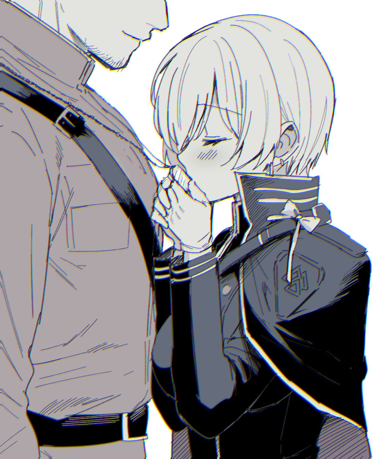 1boy, 1girl, amearare, blush, breast_pocket, capelet, closed_eyes, couple, ear_piercing, earrings, faceless, faceless_male, facial_hair, goddess_(nikke), goddess_of_victory:_nikke, greyscale, highres, jewelry, liliweiss_(nikke), military, military_uniform, monochrome, own_hands_together, piercing, pocket, short_hair, simple_background, smile, the_legendary_commander_(nikke), uniform, white_background