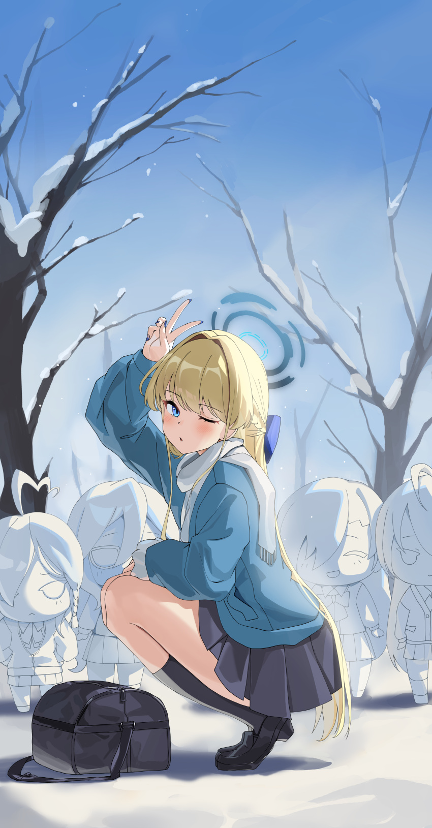 1girl, absurdres, akane_(blue_archive), asuna_(blue_archive), bag, bare_tree, black_footwear, black_skirt
