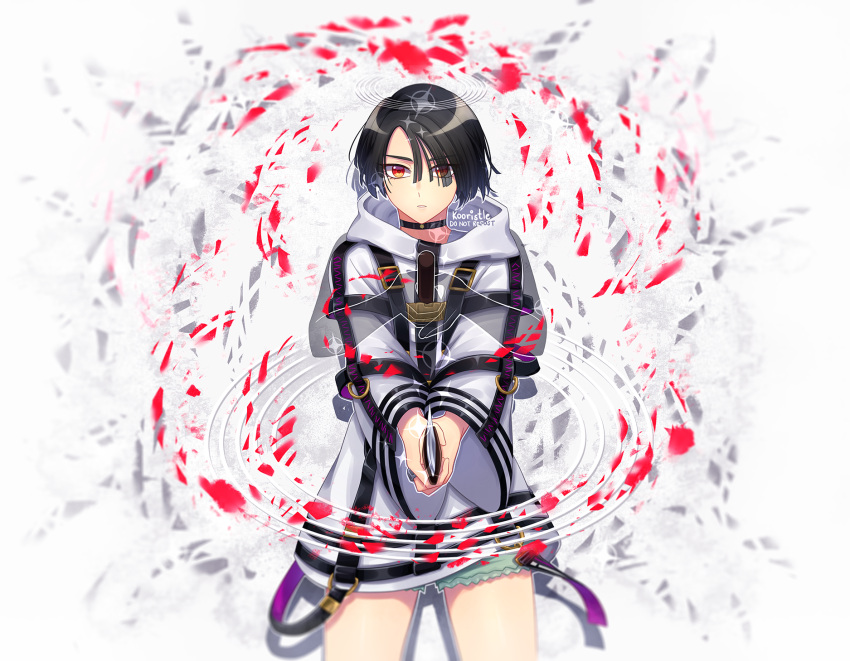 1girl, artist_name, asymmetrical_bangs, belt, black_hair, blunt_ends, circle_formation, hair_over_one_eye, highres, holding, holding_knife, knife, kooristle, long_sleeves, looking_at_viewer, milgram, red_eyes, red_theme, see-through_silhouette, short_hair, shorts, solo, straitjacket, swept_bangs, swirling, very_short_hair, white_background, yuzuriha_kotoko