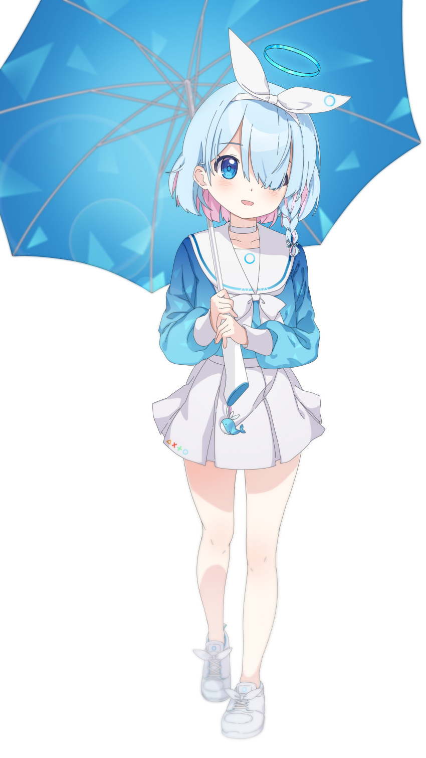 1girl, absurdres, arona_(blue_archive), blue_archive, blue_eyes, blue_hair, blue_halo, blue_serafuku, blue_shirt, blush, braid, choker, colored_inner_hair, commentary, full_body, genmaichaovo, hair_over_one_eye, hairband, halo, highres, holding, holding_umbrella, long_sleeves, looking_at_viewer, multicolored_hair, neckerchief, open_mouth, pink_hair, sailor_collar, school_uniform, serafuku, shirt, shoes, short_hair, simple_background, single_braid, skirt, smile, solo, standing, umbrella, white_background, white_choker, white_footwear, white_hairband, white_neckerchief, white_sailor_collar, white_skirt