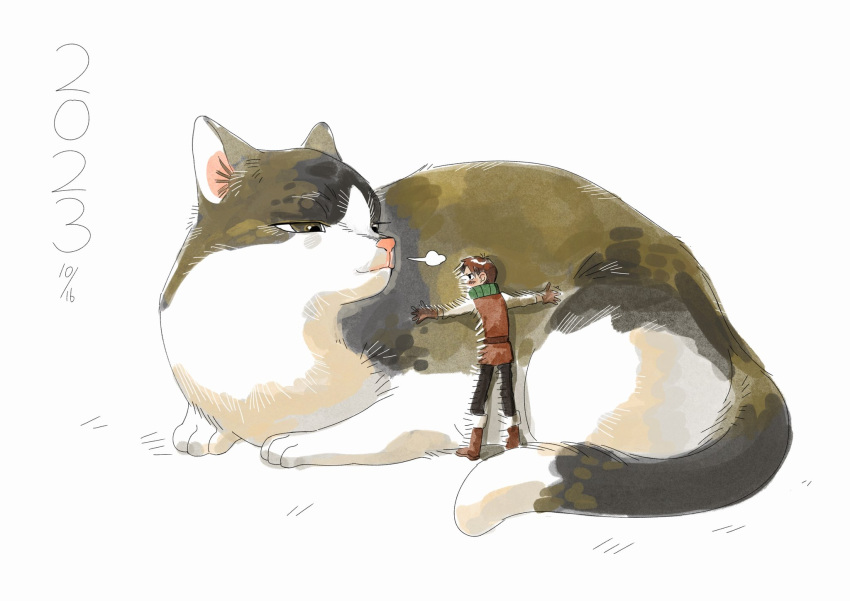 1boy, animal, armor, black_pants, blush, boots, brown_footwear, brown_gloves, cat, chilchuck, covered_mouth, dated, dungeon_meshi, eye_contact, full_body, gloves, half-closed_eyes, highres, koucailiao1, leather_armor, looking_at_another, male_focus, mini_person, miniboy, neck_warmer, outstretched_arms, oversized_animal, pants, shirt, simple_background, size_difference, smug, spread_arms, standing, white_background, white_shirt