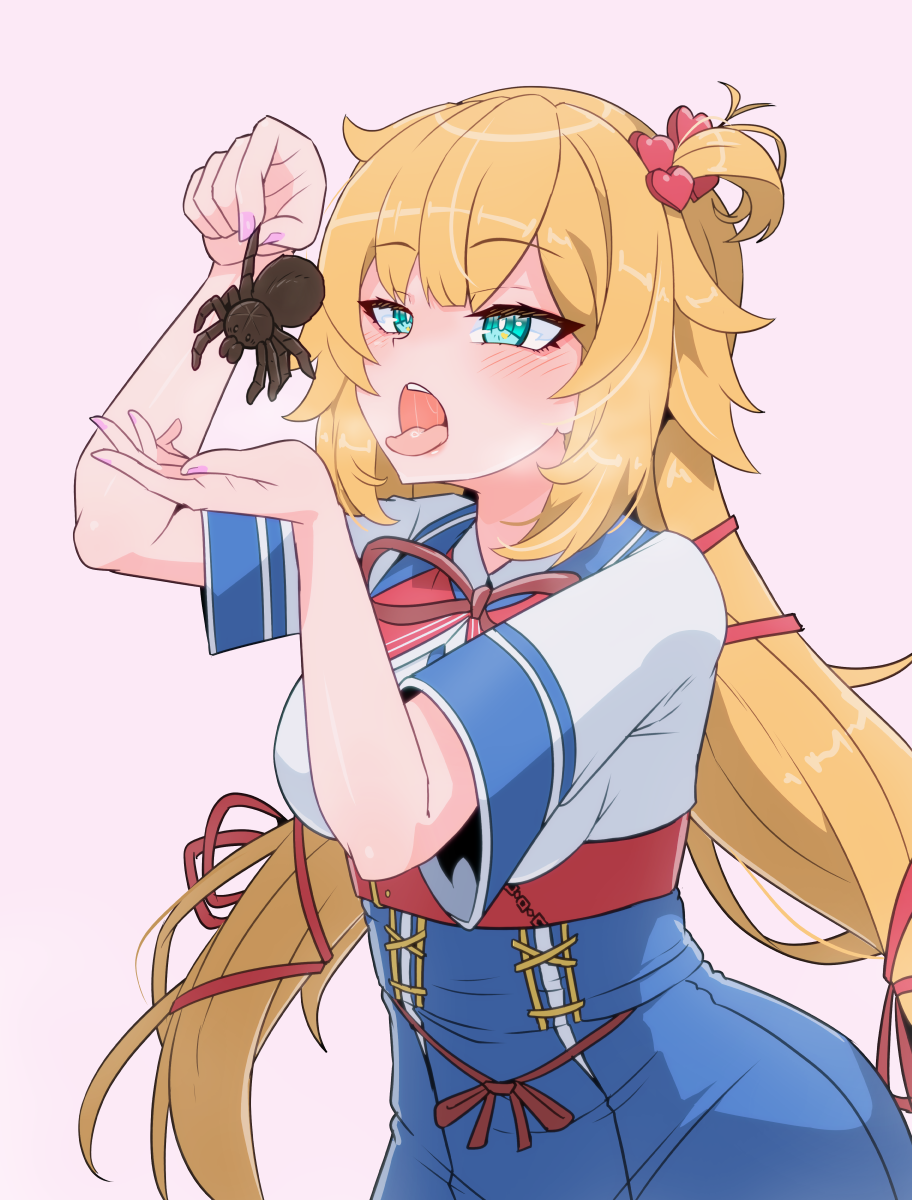 1girl, akai_haato, akai_haato_(1st_costume), blonde_hair, blue_eyes, blue_skirt, blush, bug