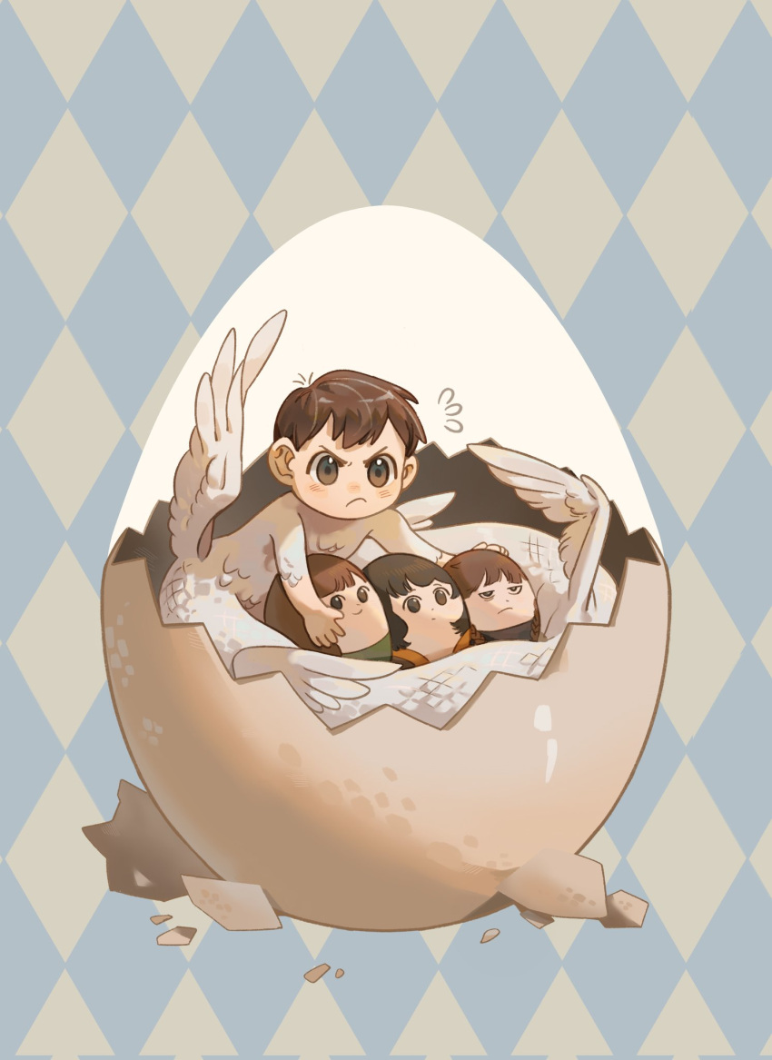 1boy, argyle, argyle_background, blush, brown_eyes, brown_hair, character_doll, chibi