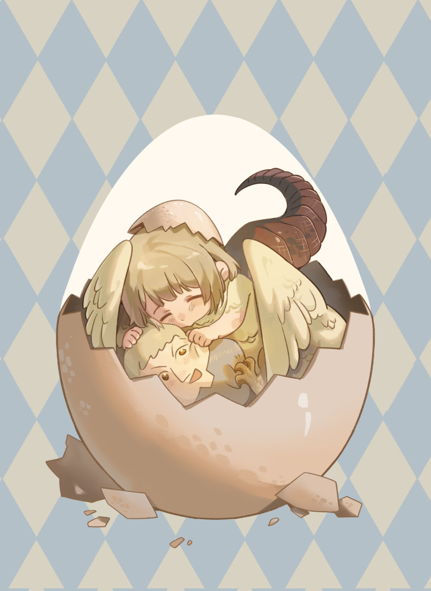 1girl, argyle, argyle_background, blonde_hair, character_doll, chibi, chimera, closed_eyes, dragon_girl, dragon_tail, dungeon_meshi, egg, eggshell, eggshell_hat, falin_thorden, feathered_wings, happy, hatching, highres, hugging_doll, hugging_object, koucailiao1, laios_thorden, light_brown_hair, monster_girl, short_hair, solo, spoilers, stuffed_toy, tail, two-tone_background, wings