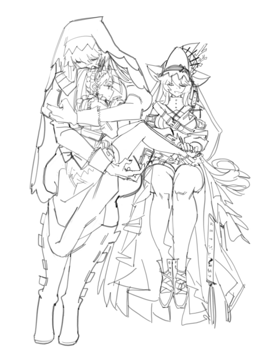 3girls, absurdres, arknights, dual_persona, foot_massage, habit, hat, head_wings