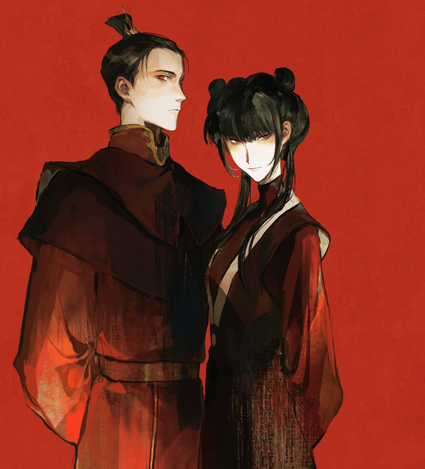 1boy, 1girl, arms_behind_back, avatar:_the_last_airbender, avatar_legends, black_hair, blunt_bangs, closed_mouth